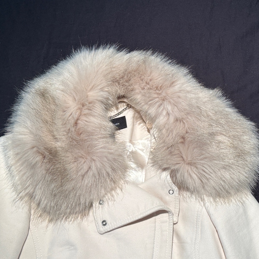 Karen Millen sz4 preowned no smoke home Cream Jacket w removable Faux Fur Collar - Picture 10 of 16